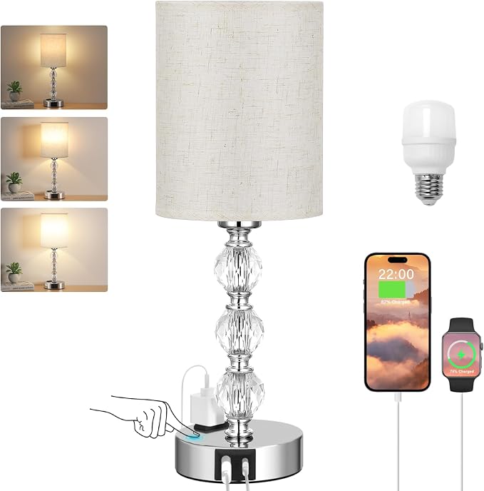 White Touch Bedside Lamps for Bedrooms - Crystal Table Lamp with USB C+A Charging Port and AC Outlet Nightstand, 3 Way Dimmable Silver Small End Side Table Lamp for Living/Guest/Dinning Room/Kitchen