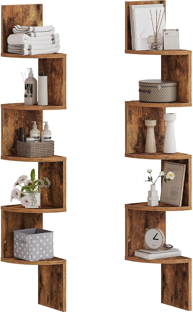 HOOBRO Corner Shelf Wall-Mounted, Set of 2 Floating Corner Shelves for Wall, 5-Tier Corner Bookshelves for Living Room, Bedroom, Bathroom, Home Office, Rustic Brown BF26BJP201