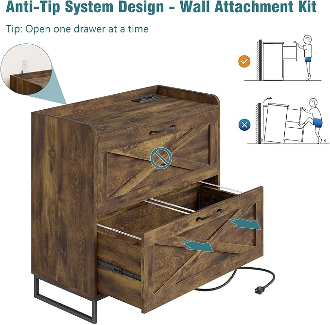 2 Drawer Lateral File Cabinet, Filing Cabinet with Charging Station for Letter/Legal/A4 Size Hanging Files, Modern Farmhouse File Storage Cabinet for Home Office, Printer Stand with Storage, Brown