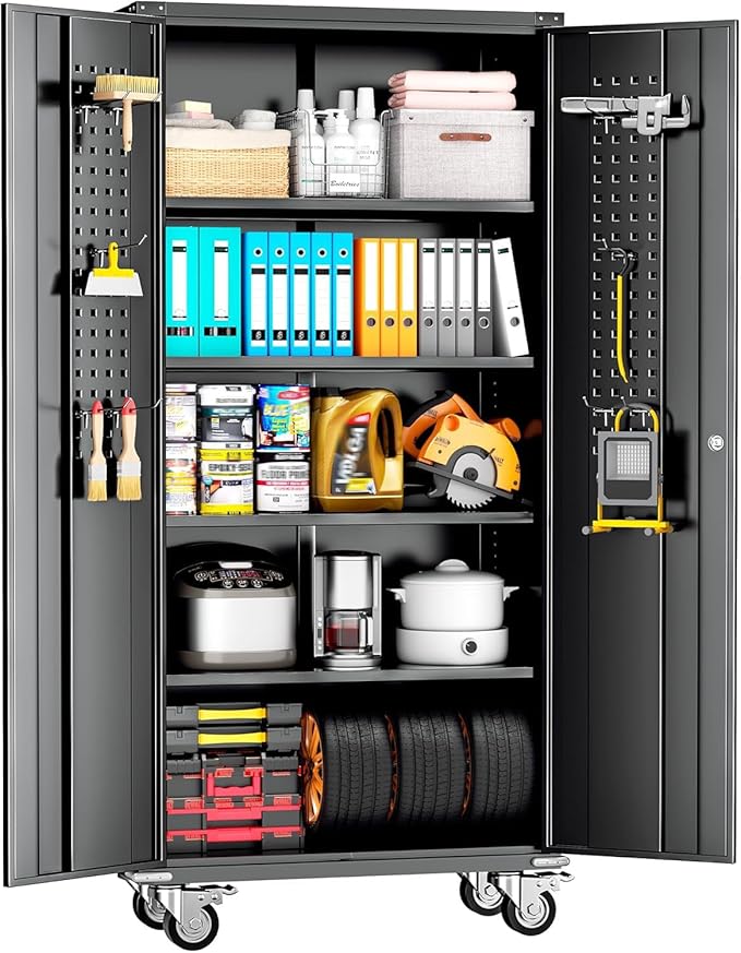 INTERGREAT Metal Storage Cabinet with Wheels, 75" Garage Storage Cabinets with Door and 4 Shelves, Tool Storage Locker on Caster for Home, Office, Black