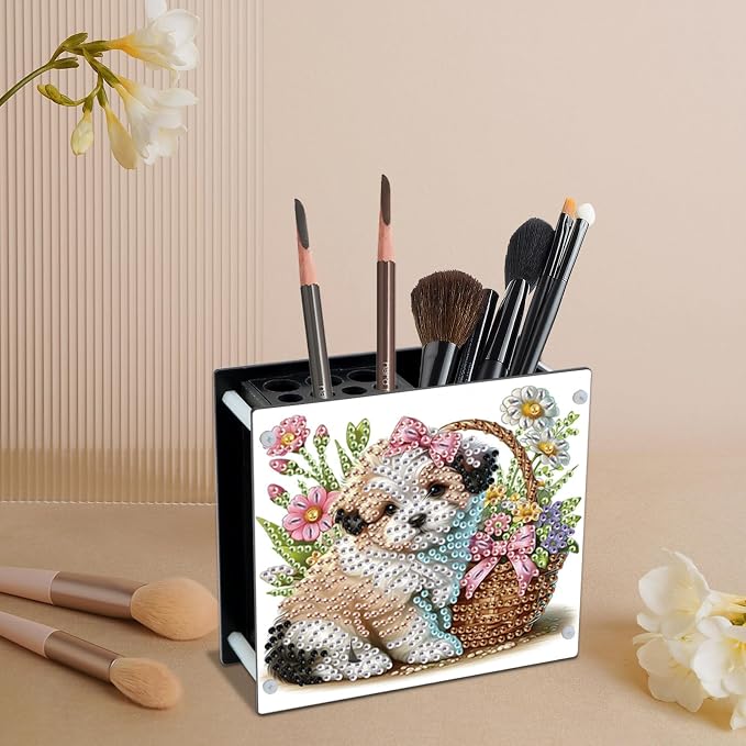 DIY Diamond Painting Kit，Cute Dog Special Shape diamond painting pen holder, Acrylic Daily Office Desktop Decoration Storage Item