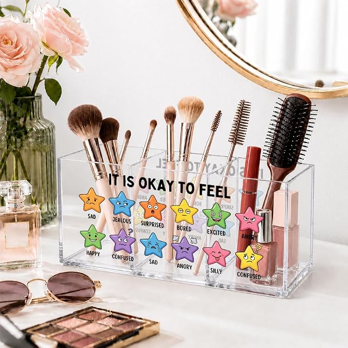 It Is Okay To Feel Acrylic Pen Holder Organizer with 3 Compartments, Mental Health Emotional Desk Organizer Accessory for Psychologist, Office Appreciation Gifts for Therapy Counselor Coworker