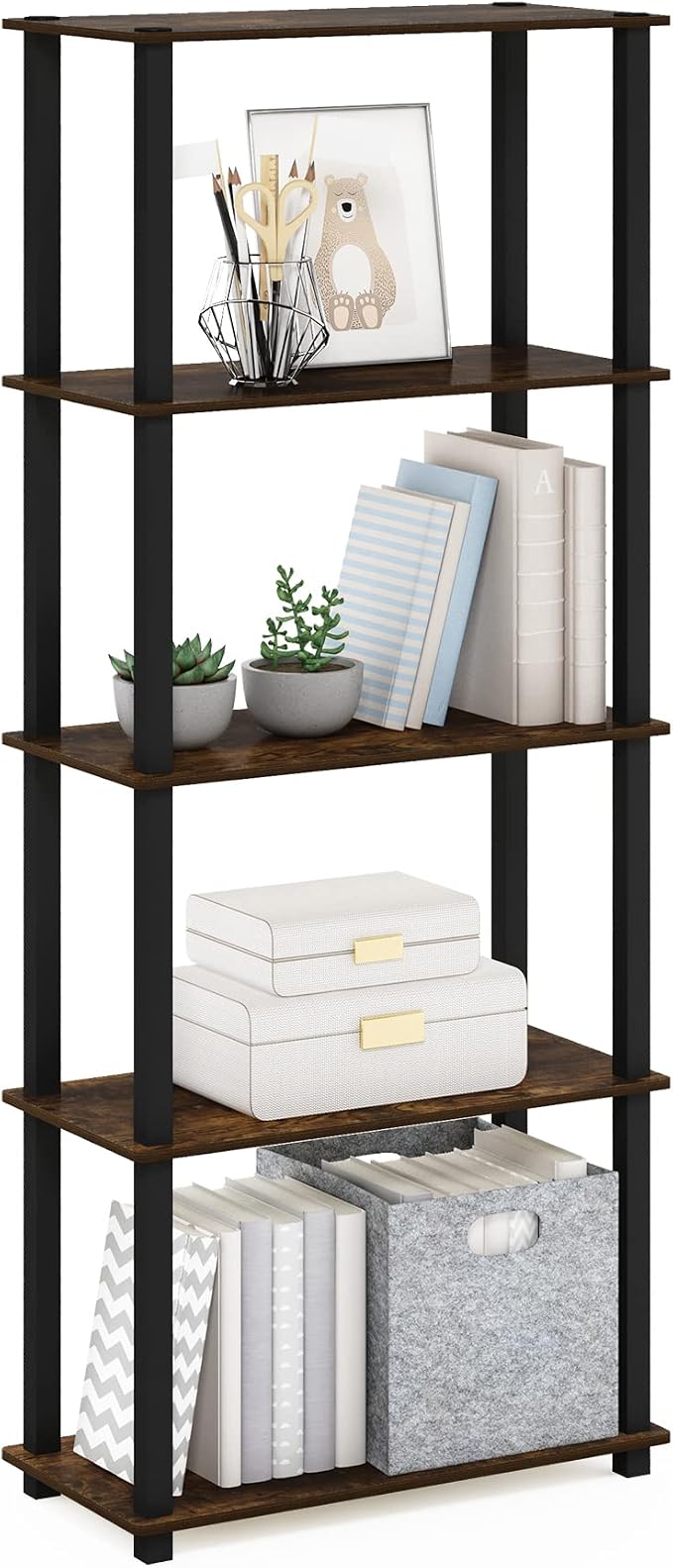 Furinno Turn-S-Tube 5-Tier Multipurpose Shelf Display Rack with Square Tubes, Amber Pine/Black