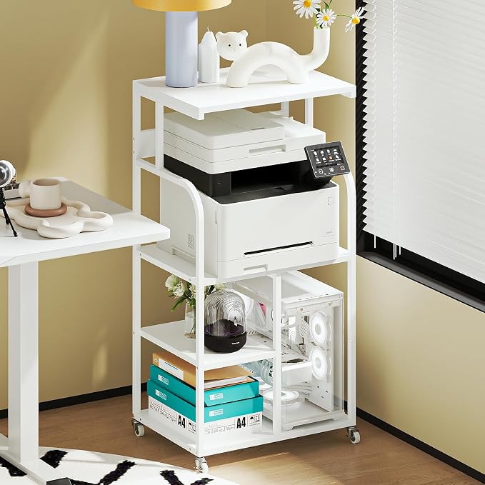 VEDECASA Mobile High Printer Stand with Power Outlet Charging Plugs USB Port Office Storage Shelf Includes Computer Tower CPU Stand Holder with Wheel (White)
