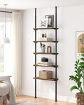 ALLZONE Adjustable Tall Narrow Bookshelf, 5-Tier Floor-to-Ceiling Tension Mount Ladder Book Shelf with Storage for Versatile Uses, Fits 92-116 Inch Ceilings, 27.84-Inch Wide Wood Shelves, Rustic Brown