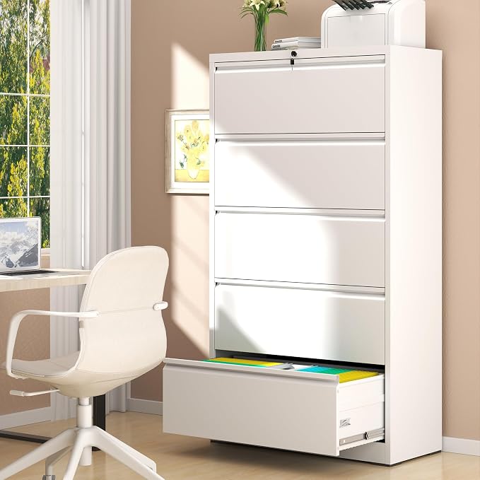 AQY 5 Drawer File Cabinet with Lock,Metal Lateral File Cabinets for Home Office,Steel Wide Filing Organization Storage Cabinets for Hanging Files Letter/Legal/F4/A4 Size,Assembly Required(White)