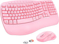 MEETION Ergonomic Keyboard and Mouse Wireless, Wave Keys Natural Typing, 2.4G Wireless Keyboard with Wrist Rest, 4 Adjustable DPI Mouse, Computer/Laptop/Windows/Mac, Pink
