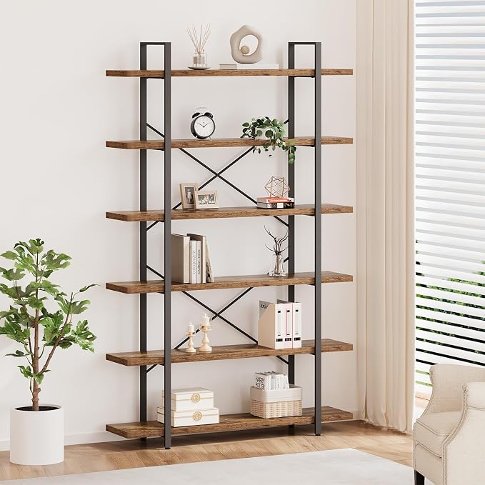 HSH 6 Shelf Tall Bookcase, Industrial Modern Large 6 Tier Bookshelf, Open Wood and Metal Display & Storage Rack,Farmhouse Bookcases and Book Shelves 6 Shelf for Bedroom Living Room Office,Rustic Brown