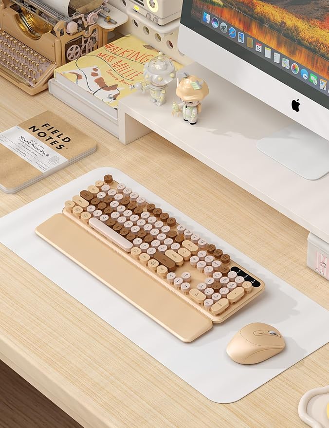 Wireless Keyboard and Mouse Combo - Cute Typewriter Keyboard with Detachable Wrist Rest, Retro Round Keycaps, Foldable Legs, 2.4GHz Full-Size Keyboard for PC, Laptop, Mac, Windows - Trueque (Latte)