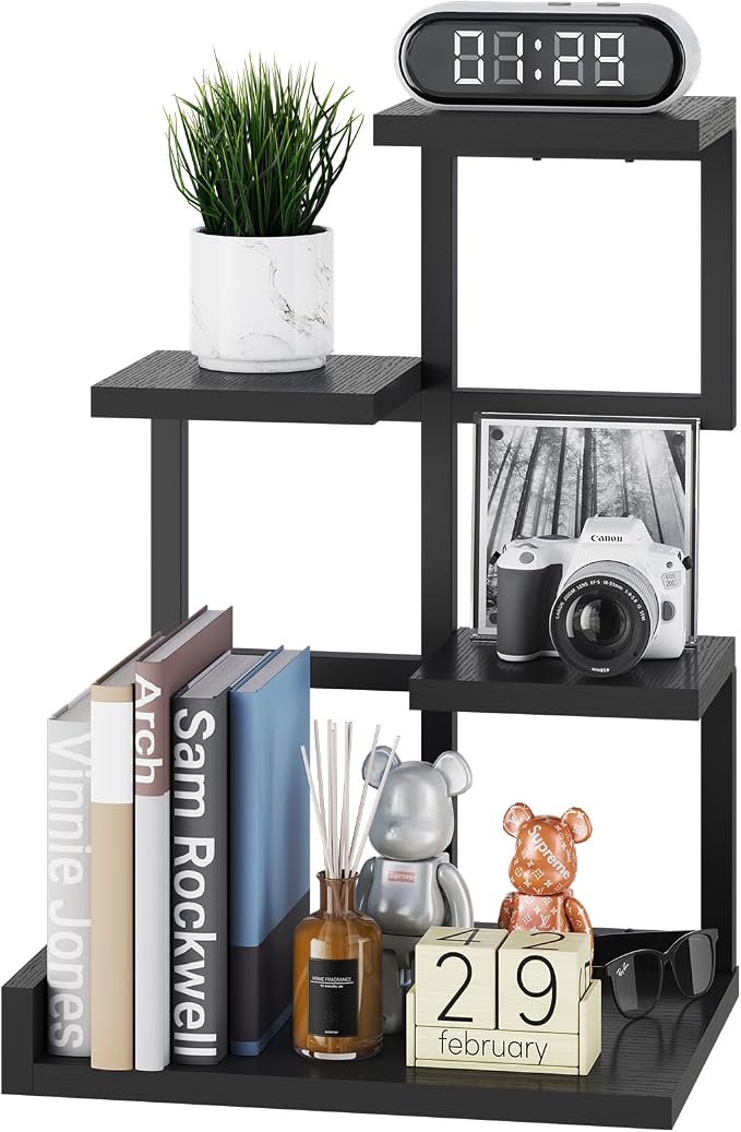 YMYNY Desktop Shelf Organizer, 4 Tier Storage Display Rack, Desk Shelf Organizer Small Bookshelf with Metal Frame for Office, Books, Plants, 12.2" x 9.45" x 17.52", Black UHSR007B