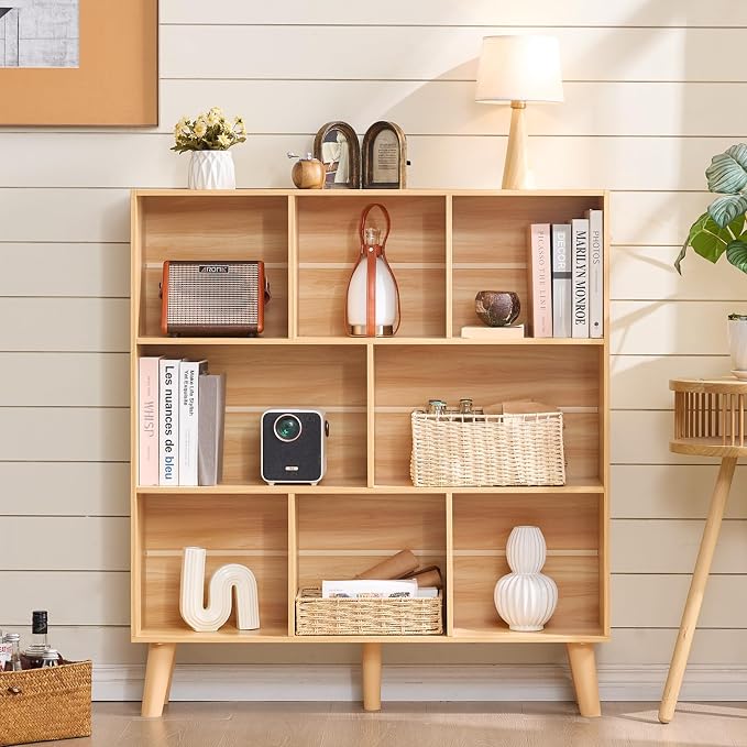 LEYAOYAO Wooden 8 Cube Book Shelf, Natural 3 Tier Bookshelf with Legs, Modern Open Storage Organizer,Boho Bookcase,Display Cabinet Shelf Free Standing Bookshelves for Bedroom,Living Room,Office
