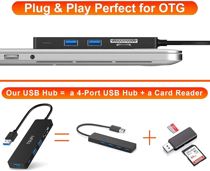 USB Hub 3.0, TSUPY 5 in 1 Multiport Adapter USB 3.0 Hub with SD Micro SD Card Reader, 3 USB 3.0 Ports Compatible for Laptop, MacBook, PC, Printer,Surface Pro, USB Flash Drives