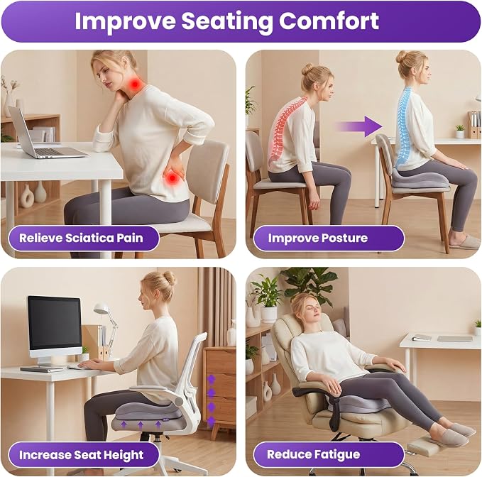 ZZ-WELL Seat Cushions for Office Chairs, Coccyx Cushion for Tailbone Pain, Memory Foam Butt Pillows for Long Sitting, Patented Pressure Relief Design, Extra Large & Thick, 21.2 Inches (Light Grey)