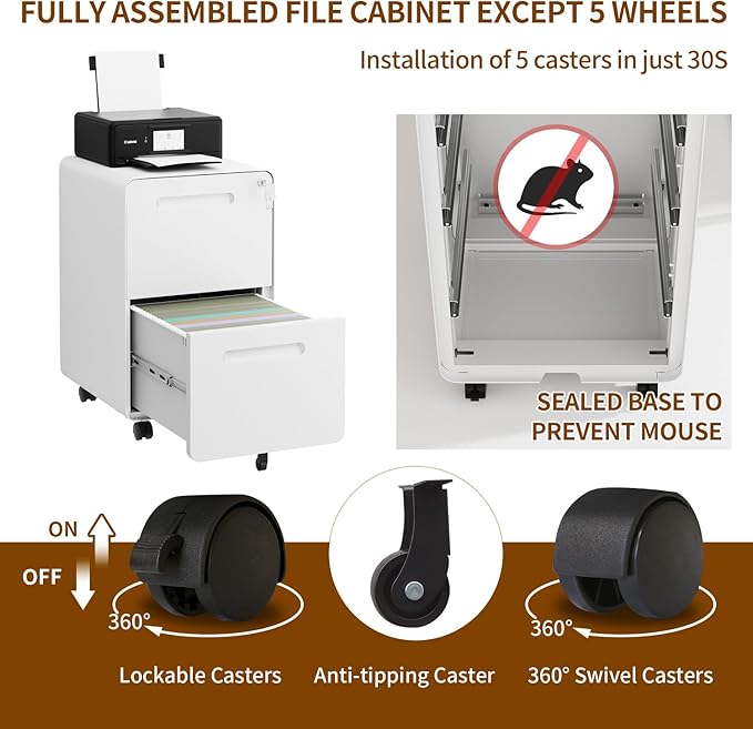 2 Drawer File Cabinet with Lock and 4 Keys, Mobile Metal Filing Cabinet, File Cabinets for Home Office, Under Desk, Pre-Assembly, File Drawer, Letter/Legal/A4 Hanging File Folders