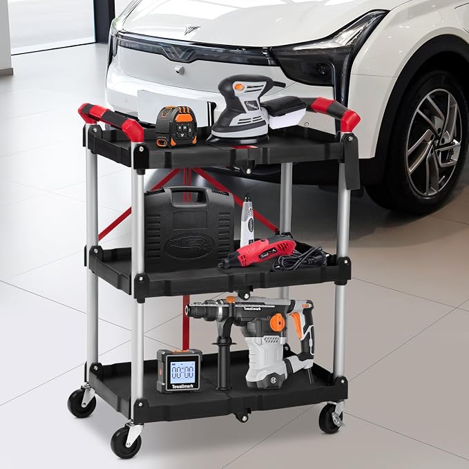 PioneerWorks Folding Utility Service Cart, Collapsible Cart with Wheels, 3 Tier Rolling Utility Cart, Folding Cart with Wheels Collapsible, Service Cart for Tool, Grocery, Bar, Garage, Kitchen, Office