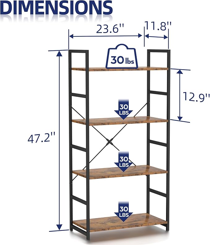 NUMENN 4 Tier Bookshelf, Tall Bookcase Shelf Storage Organizer, Modern Book Shelf for Bedroom, Living Room and Home Office, Vintage
