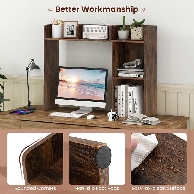 LDAILY Desktop Shelf, Multipurpose Wood Desk Hutch for Max 27" Computer Monitor, Countertop Storage Hutch with 5 Shelves, 3 Tier Desktop Display Rack for Dorm Office Home (Rustic Brown)