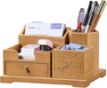Bamboo Desk Organizer with Drawer, Pen Holder & Business Card Slot, Multi-Compartment Storage Caddy for Office & Home Office, Ideal for Pens, Sticky Notes, Clips, (Bamboo natural)
