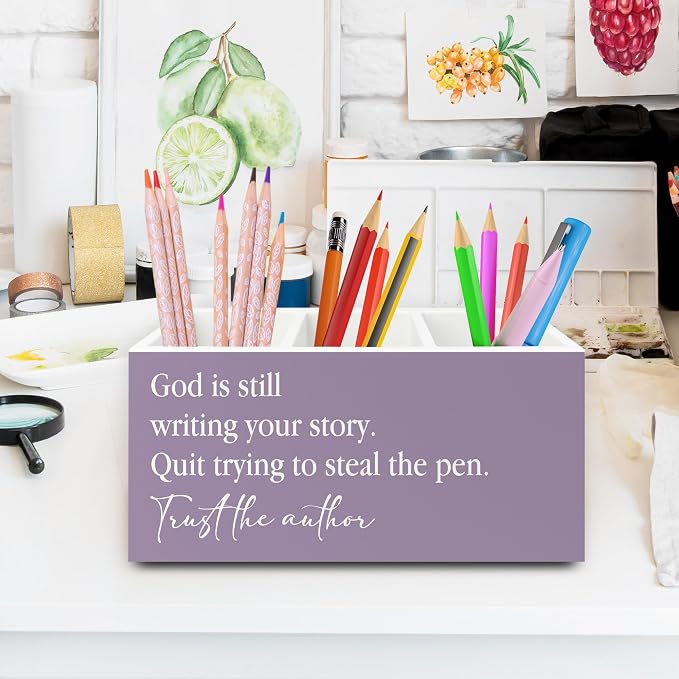 Purple Christian Pen Pencil Holder Organizer for Desk, Christian Gifts for Women, God Is Still Writing Your Story Bible Verse Wooden Box Sign for Home Office Desk Tabletop Decorations