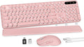 Wireless Keyboard and Mouse Combo, Round Backlit Keycaps, Retro Typewriter Keyboard with Detachable Wrist Rest, Rechargeable & Tilt Legs, 2.4GHz Cordless Connection for Windows/PC (Glowing Pink)