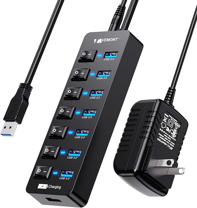 Powered USB Hub 3.0,VEMONT 7 Ports Multi USB hubs and 1 USB Smart Charging Port with 5V/3A Power Supply,USB Extension Splitter with Individual On/Off Switches and 4ft/1.2m Long Cable for PC/Laptop