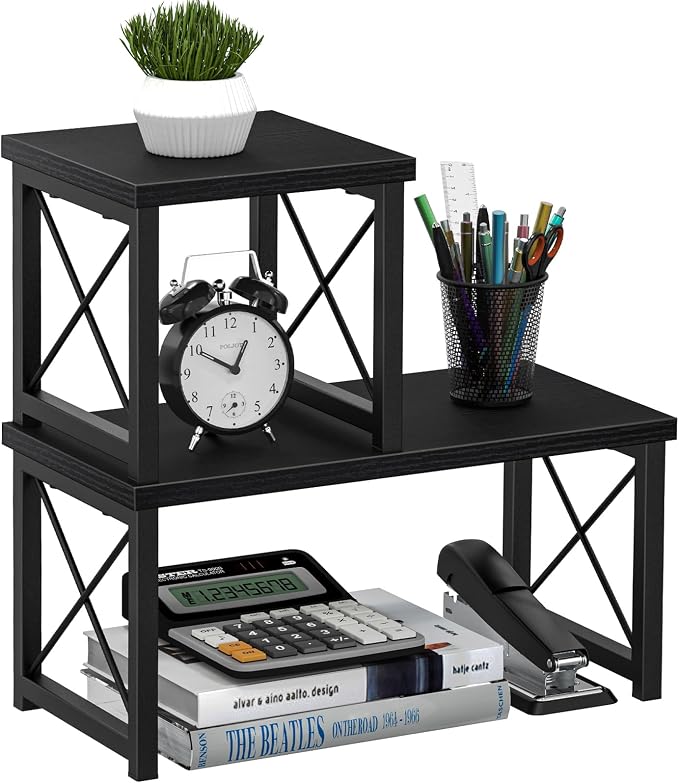Honiter Desk Shelf Desktop Organizer 2 Tier Wood Small Bookshelf,Rustic Brown Freestanding Adjustable, Organizer, Stackable, Desk Stand, Storage Organizers, Kitchen Counter Display Rack