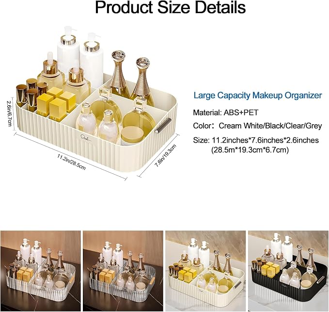 DASITON Large Capacity Makeup Organizer,12 Slots Makeup Brush Holder,Makeup Storage with Handle,Vintage Striped Cosmetic Organizer for Bathroom Countertops,Desk Storage Container(Cream)