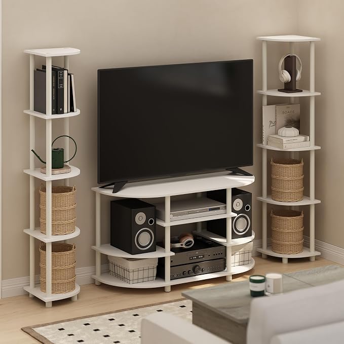 Furinno Turn-N-Tube Corner Shelf Set of 2, 5-Tier Corner Bookshelf, Open Storage Shelves, for Organization and Storage, Living Room, Home Office, Garage, White