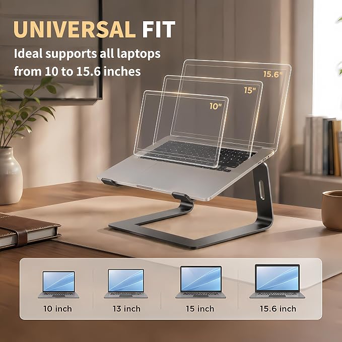 Orionstar Ergonomic Laptop Stand, Premium 5mm Aluminum Riser for 10-15.6 Inch Notebook Computer, Tool-Free Detachable Elevator Holder for Desk Office, Sturdy Riser for Eye-Level Neck Relief, Black
