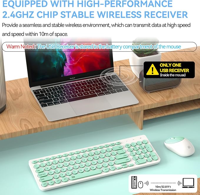 FD Wireless Keyboard and Mouse Combo - 2.4GHz USB Cordless, Cute Round Keys, Quiet and Slim Set for Laptop, Computer, TV, and Mac - Mint Green & White