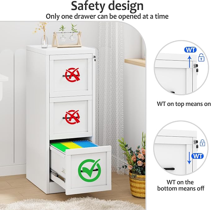 Small Metal 3-Drawer File Cabinet, Under-Desk Filing Cabinet, White | Locking, Adjustable Hanging Rail, Fit A4, FC, Letter, Hanging File Folders for Home Office Storage Organization, 2PS