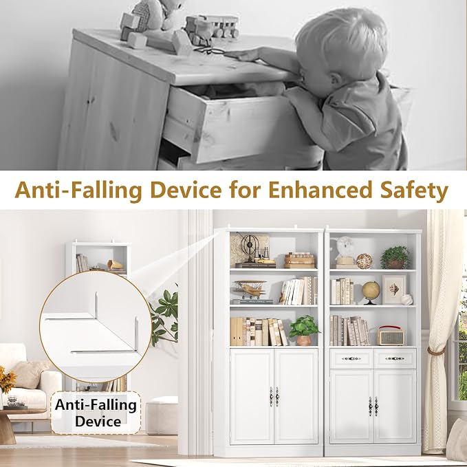 Thacuok 72'' Tall Bookcase with Doors and Drawers, Adjustable Shelves, P2 MDF Construction, 32'' Wide Freestanding Cabinet with Metal Handles, Hidden Storage for Living Room, Bedroom