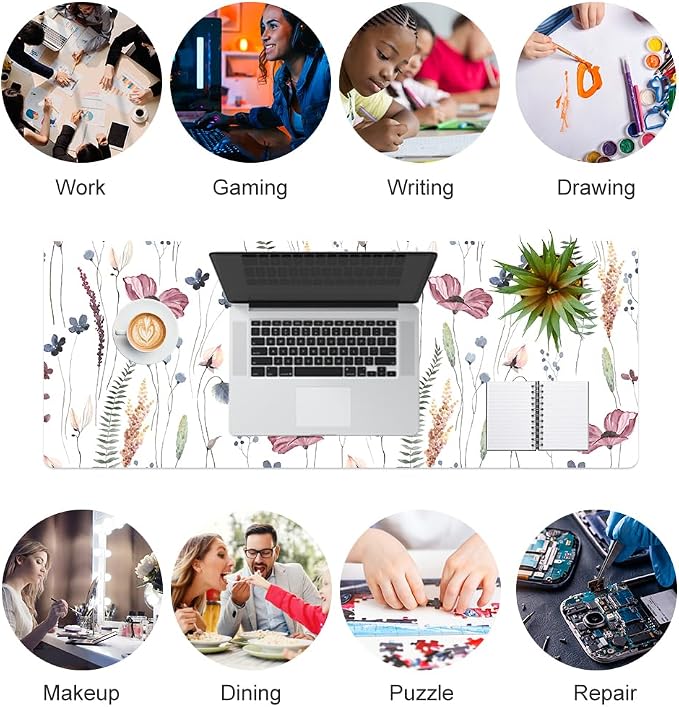 QiyI Large Mouse Pad, Cute Flower Desk Mat for Desktop, Women Girls Floral Office Décor Accessories, PU Leather Waterproof Big Gaming Mousepad, Wildflowers Desk Pad Computer Mat, 31.5" x 11.8"