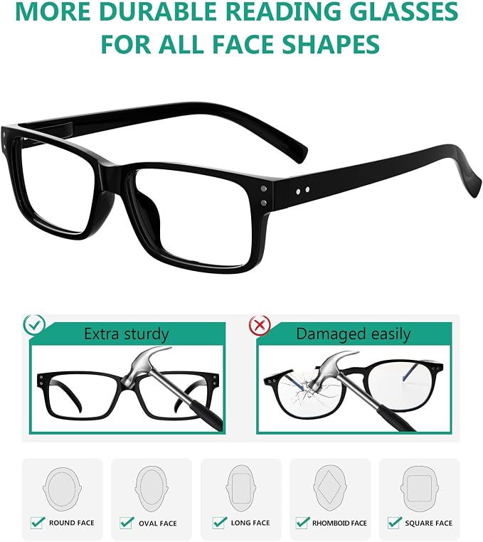 Eyekepper Men's Eyeglasses +0.00 5-Pack Includes Sunglasses | Spring Hinges - Durable Plastic Frames with Comfortable Fit & Clear Lenses