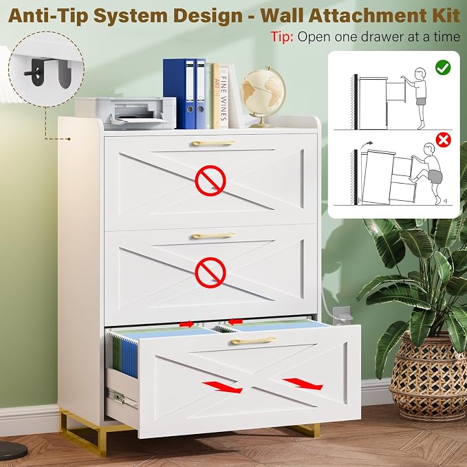 Halitaa File Cabinet 3 Drawers Lateral File Cabinet with Charging Station for Letter/Legal/A4 Size Hanging Files, Large Wood File Storage Cabinets Printer Stand for Home Office, White and Gold