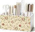 Vintage Floral Pen Pencil Holder for Desk, Neutral Cottagecore Flower Botanical Wooden Box Sign Decorations for Home Office Girls Room Bedroom Desk Tabletop