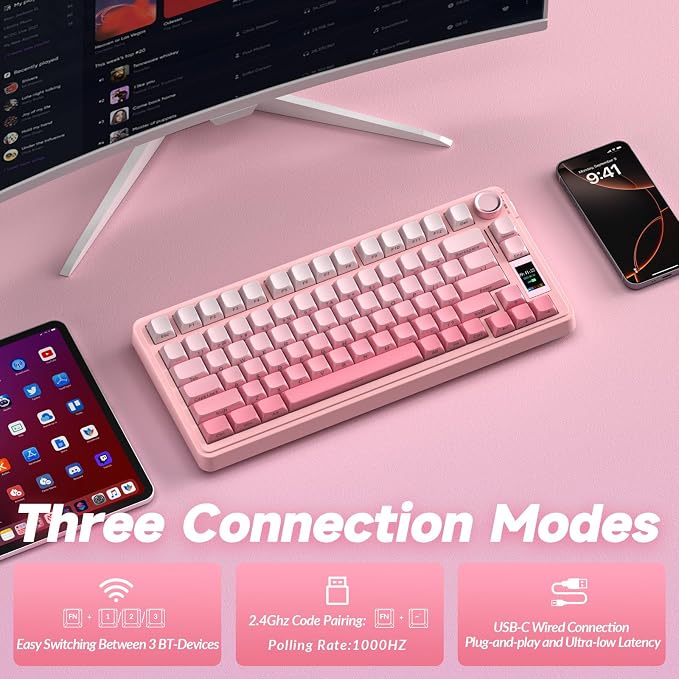 AULA S75 PRO Wireless Mechanical Keyboard with Screen&Knob, Tri-Mode Hot Swappable Gaming Keyboard 75%, Pre-lubed Switches, RGB Backlit, Side Printed PBT Keycaps, Creamy Sounding Pink Keyboards