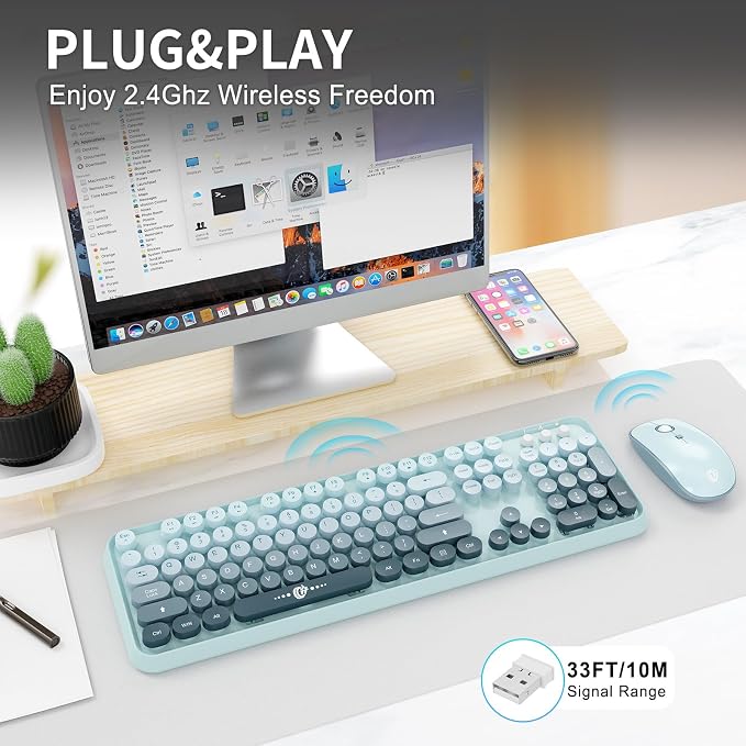 Wireless Keyboard and Mouse Combo, 2.4 GHz Wireless Full-Sized Typewriter Keyboard with Round Keycaps for Windows, Computer, Desktop, PC, Laptop (Light Blue)
