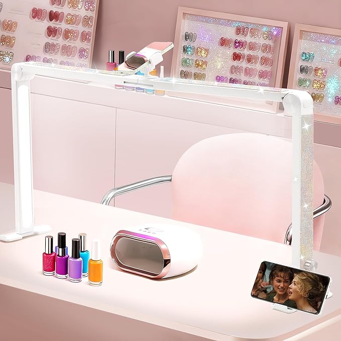 Nail Tech Lamp for Desk, 34 in Large Half Moon Light with Phone Holder, 48W Brightness Adjustable Lash ARC Light for Manicure, Tattoo, Spa, Salon, 3000K-6000K LED Manicure Lamp
