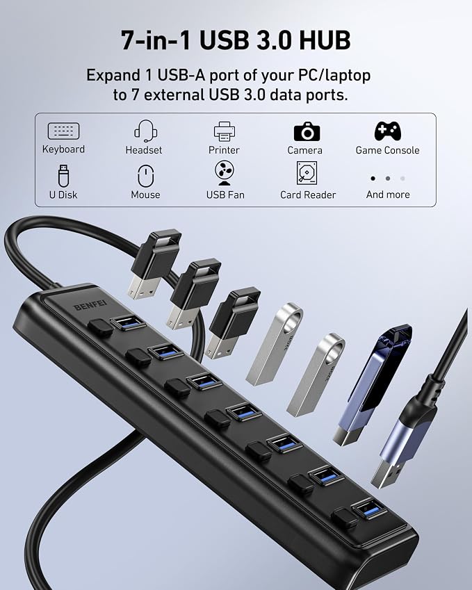 BENFEI USB 3.0 Hub 7-Port, Ultra-Slim Portable USB Splitter with 3.3ft Cable - Compatible with MacBook Pro/Air,Mac Pro, Mac Mini, iMac, Surface Pro, XPS, PC, Flash Drive, Mobile HDD (No Charging Port)