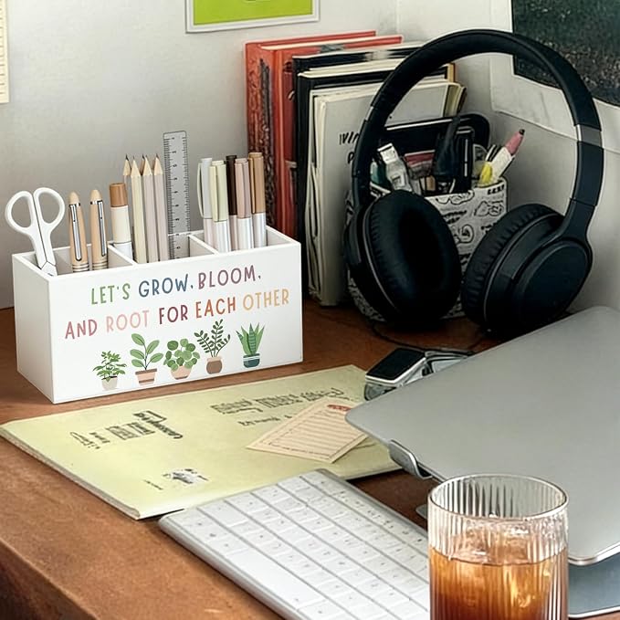 Boho Mental Health Classroom Pen Pencil Holder for Desk, Let's Grow Bloom and Root for Each Other Motivational Wooden Box Sign Decorations for Therapy Counselor Office Desk Tabletop