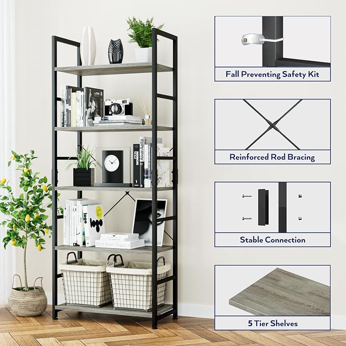 NUMENN 5 Tier Bookshelf, Tall Bookcase Shelf Storage Organizer, Modern Book Shelf for Bedroom, Living Room and Home Office, Grey