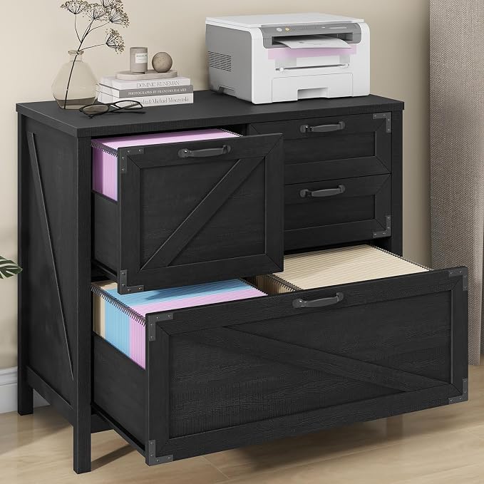 Halitaa Lateral File Cabinet with 4 Drawers, Farmhouse File Cabinet for Letter/Legal/A4 Size Hanging Files, Large Wood File Storage Cabinets Printer Stand for Home Office Cabinets, Black
