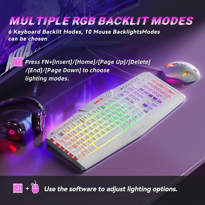 Redragon Updated Programmable Gaming Keyboard and Mouse, RGB Backlit Keyboard Mouse with Software, Independent Macro Record Keys, Value Combo Set, White - S101-3 PRO