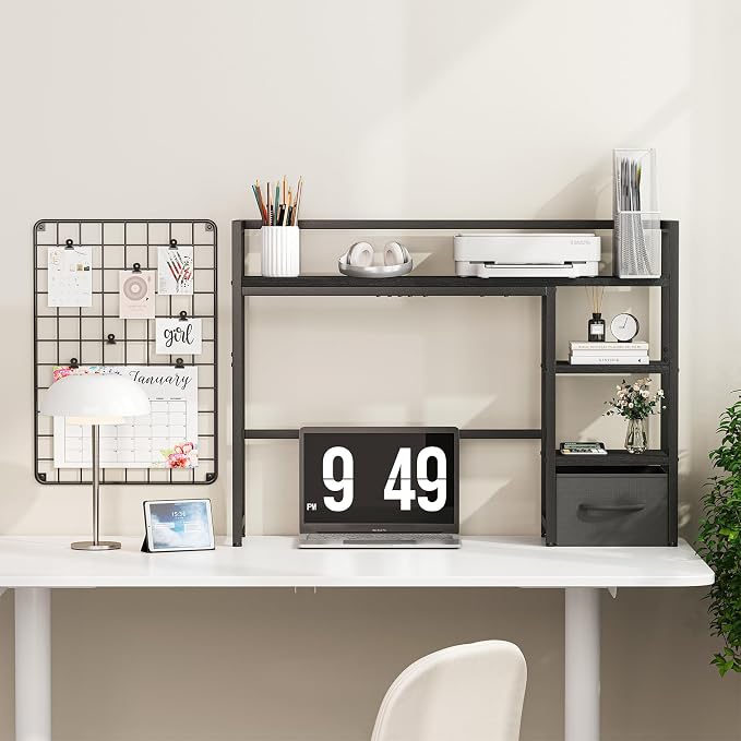 Marbrasse Desk Shelf with Drawer, 40" Desk Hutch for Computer Monitor, Desk Shelf for top of Desk, Wooden Desktop Bookshelf Storage Rack for Home Office Dorm - Black