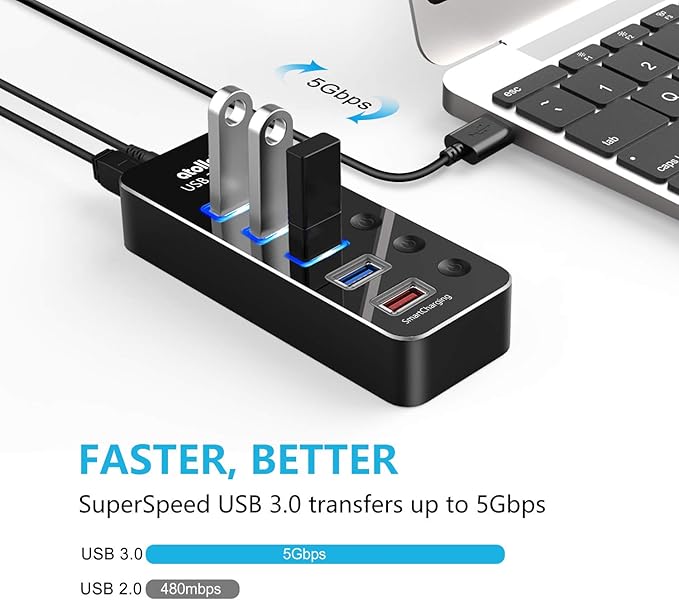 Powered USB Hub, atolla Aluminum 5-Port USB 3.0 Hub with 4 USB 3.0 Data Ports and 1 USB Smart Charging Port, USB Splitter with 5V/3A Power Adapter and Individual Switches