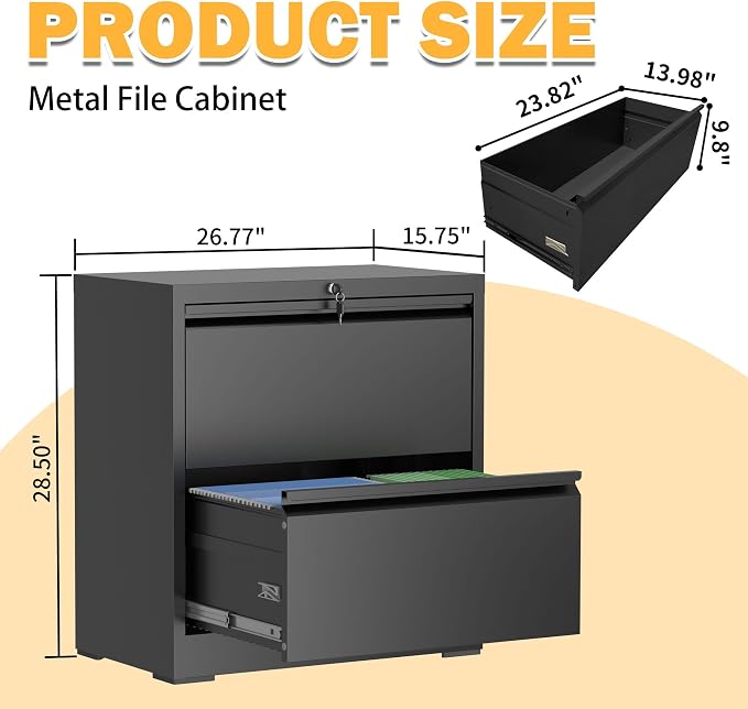 2 Drawer Lateral File Cabinet with Lock, File Cabinet, Metal Lateral Filing Cabinets for Home Office, File Storage Cabinet for Legal/Letter/A4 Documents, Assembly Required (Black, 26'W)
