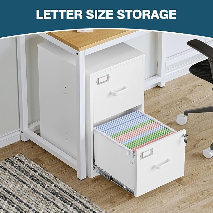 MIIIKO 2 Drawer Filing Cabinet with Lock, Metal Vertical File Cabinets for Home Office, Lockable File Storage Cabinets Under Desk, Letter/A4 File Folders Storage（White-Assembly Required