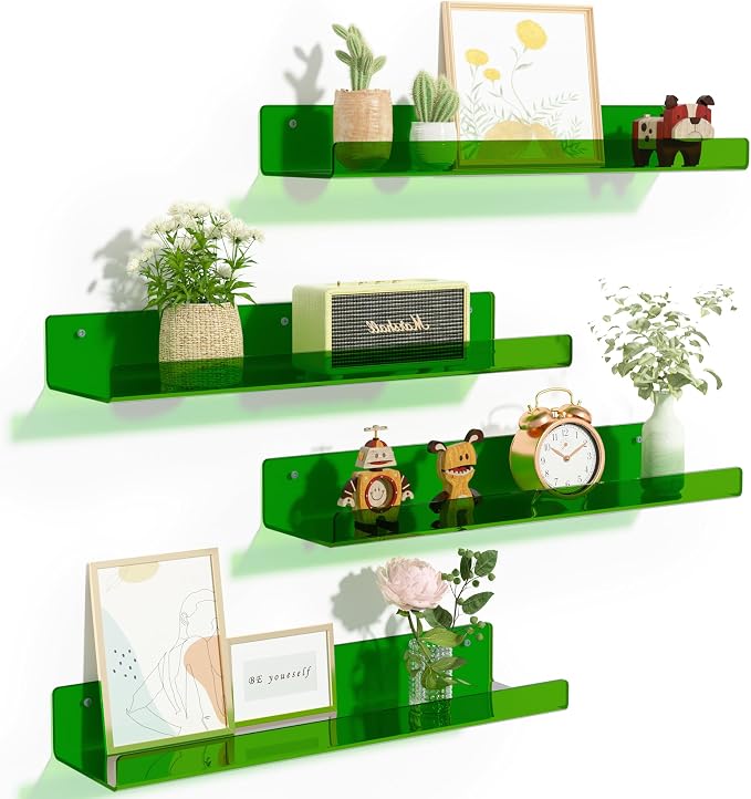upsimples Acrylic Shelves for Wall Decor, 15" Display Shelf Perfume Organizer for Bathroom, Bedroom, Living Room, Floating Bookshelves for Kids, Clear Green, 4 Pack