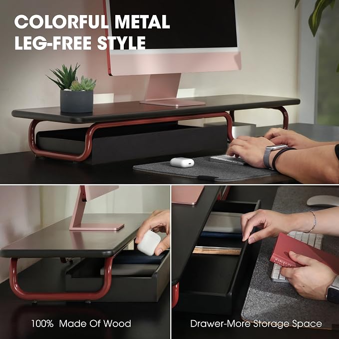 Fenge Dual Monitor Riser, 37 Inch Monitor Stand for Desk, Solid Wood Desk Shelf with Large Drawer Organizer, No Assembly Computer Stand for PC, Laptop, Printer, TV